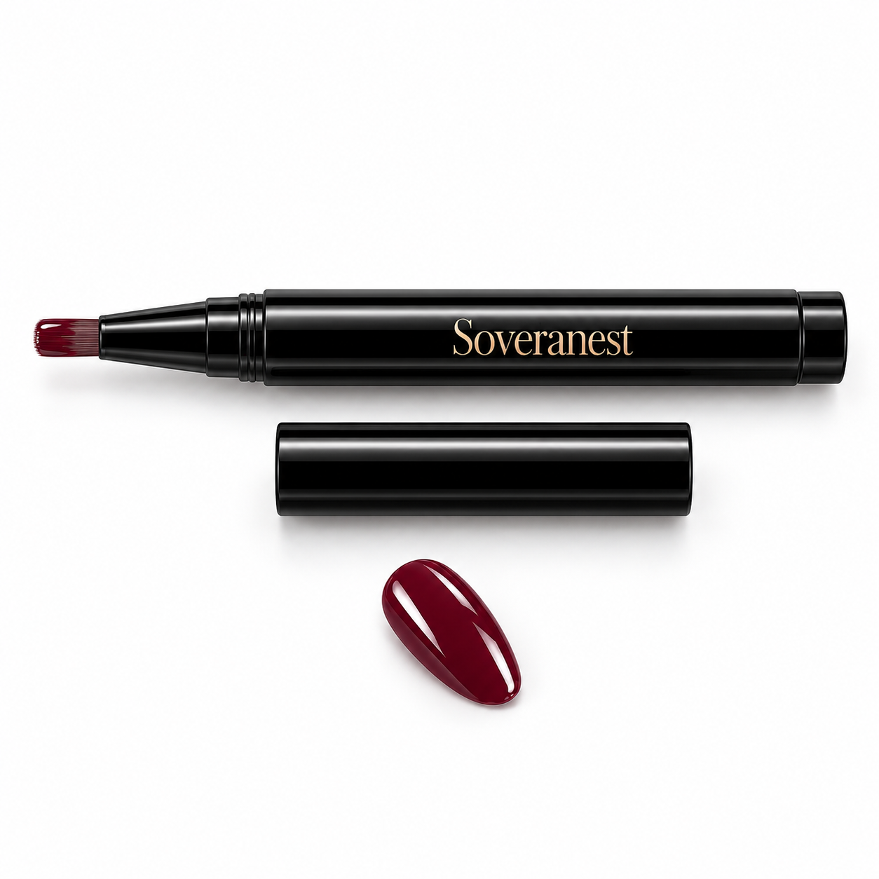 Stylo vernis gel Soveranest bordeaux — vue avec faux ongle peint
